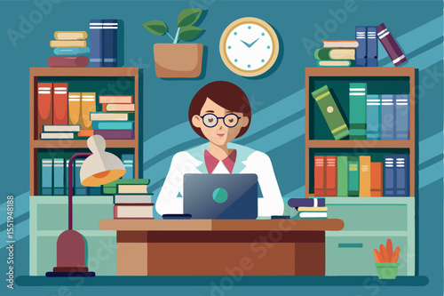 Working in a cozy study with bookshelves filled with knowledge and a clock showing afternoon time