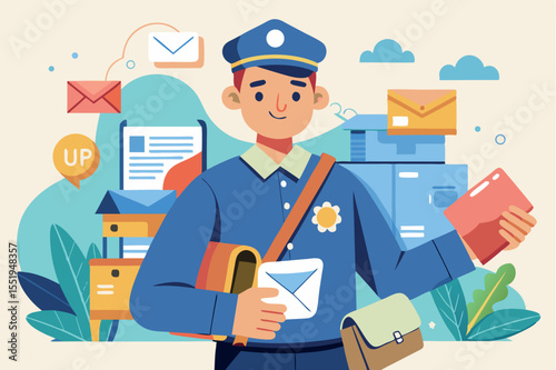Postal worker delivers letters and packages during a busy day in the city urban environment with colorful elements surrounding him