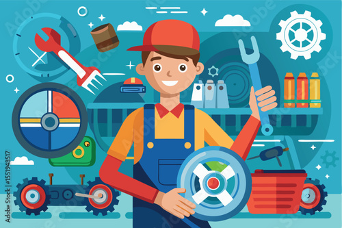 Mechanical technician working confidently in a colorful workshop surrounded by tools and machinery