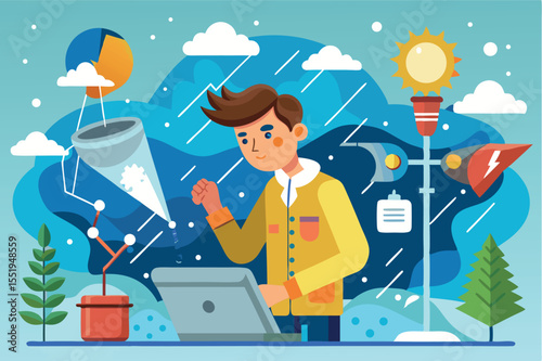 Young scientist conducts weather experiments with various instruments in a colorful lab setting during a rainy day