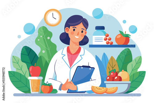 Nutritionist reviewing healthy food options in a bright, inviting office during the day