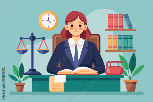 Legal professional at desk with books and clock in an office setting during daytime