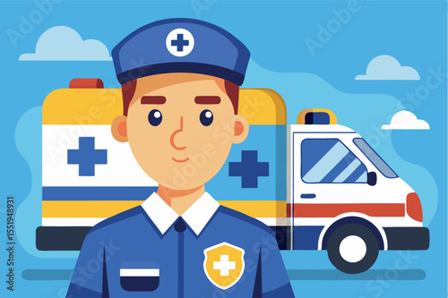 Emergency medical responder stands confidently in front of an ambulance against a blue sky background