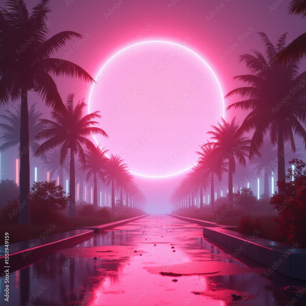 Naklejka premium A surreal palm-lined path glows with pink lights, leading toward a distant vertical beam under a foggy night sky, evoking mystery and wonder. Generative, AI,