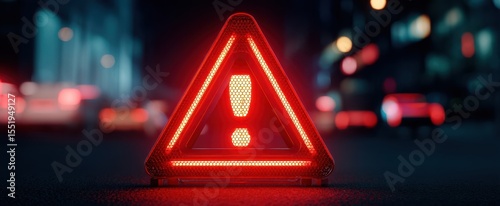 The warning triangle signaling urgency on a dark urban road.