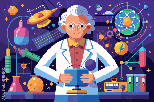 Scientist conducts experiments in a colorful laboratory filled with space-themed elements and scientific instruments