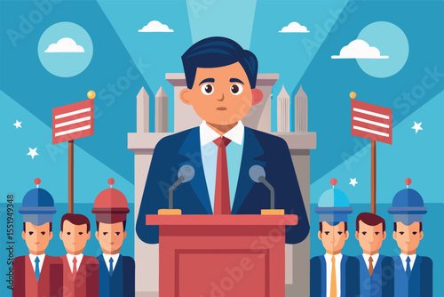 Politician giving a speech at a rally with supporters and flags during a sunny day in an urban setting