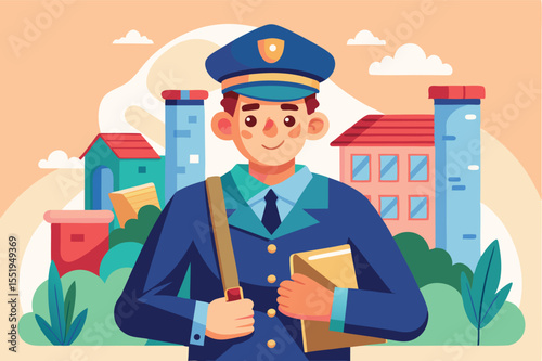 Postal worker delivering mail in a colorful urban environment during daytime