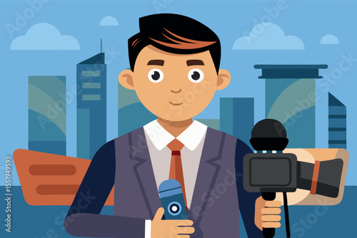 News reporter standing in front of city skyline holding microphone and camera during sunny day