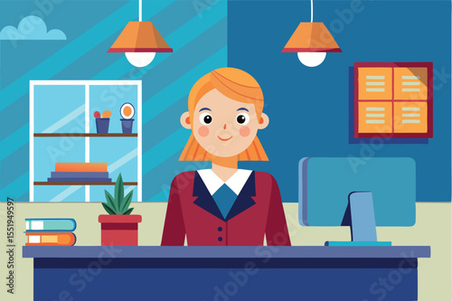 Friendly receptionist at modern office desk with colorful decor and motivational wall art