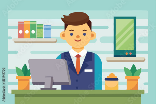 Friendly receptionist working at a modern office with plants and colorful shelves during daytime