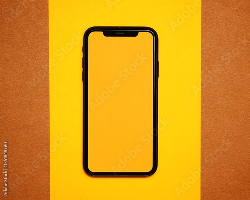 Black smartphone with orange screen on a two-toned background