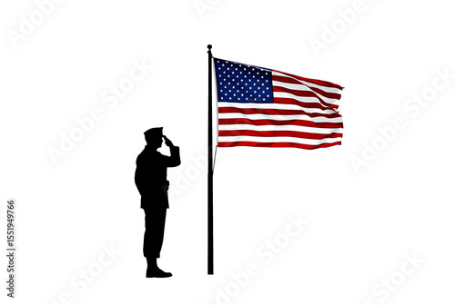 Silhouette of American soldier saluting national flag in tribute to independence isolated on a transparent background.