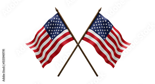 American Flag. USA Flag. US flag. Two crossed waving American flags on transparent background for patriotic display, PNG 