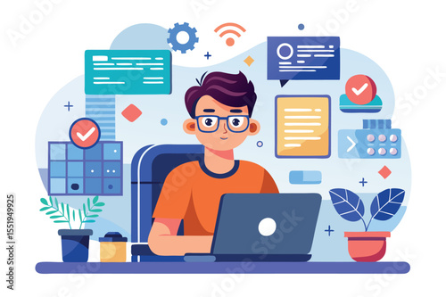 Person working on a laptop surrounded by digital elements at a desk during a creative session