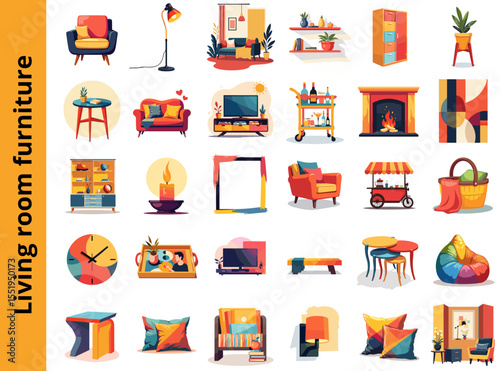Colorful living room furniture icons in flat design and style  