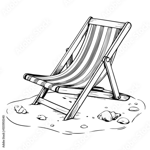 Striped beach chair on sand in black and white sketch