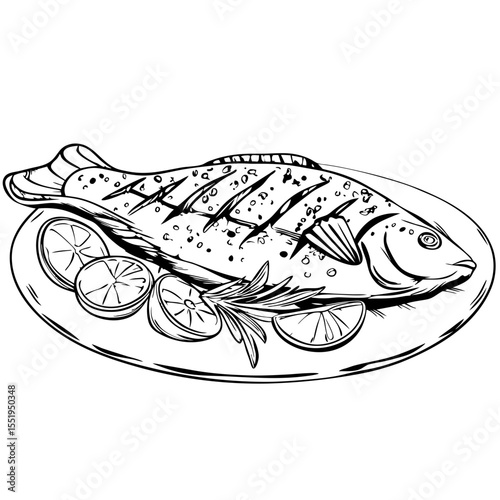 Grilled fish with lemon slices on plate in sketch style