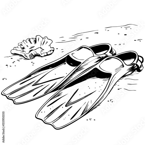 Diving fins and coral on sand in sketch style