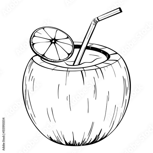 Coconut drink with straw and lemon slice in sketch style