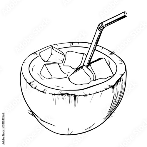 Coconut drink with ice cubes and straw in sketch style