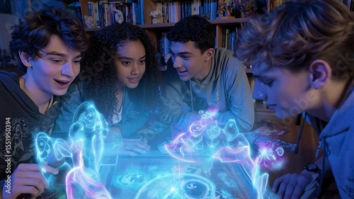 Group of friends enjoying a holographic board game in cozy living room