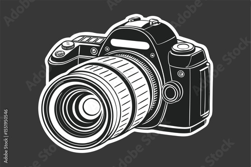 Vintage DSLR Camera Illustration Black and White Photography Equipment Design
