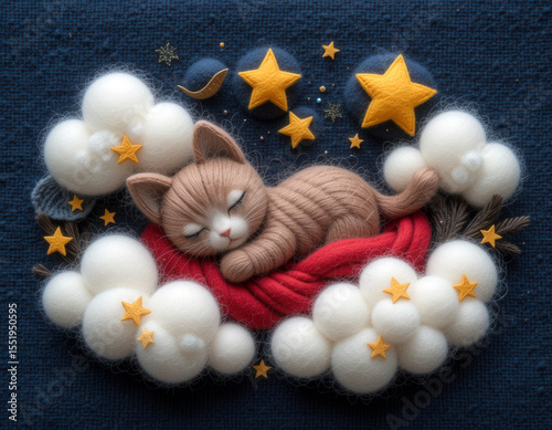 Lovely wool-knitted sleepy cat among fluffy wool clouds and stars. Handcrafted felt art. Whimsical calm night atmosphere. Flat lay