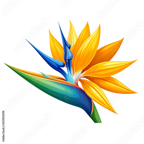 Exotic Bird of Paradise Flower with Vibrant Orange and Blue Petals, Isolated on Transparent Background.