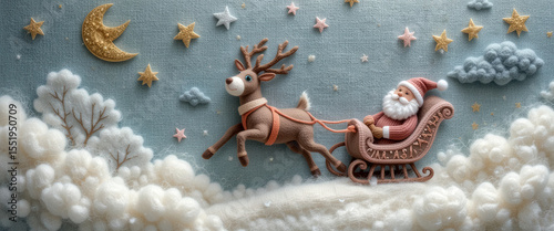 Lovely wool-knitted reindeer, harnessed to a sled with Santa Clouse among fluffy wool clouds and stars. Handcrafted felt art. Whimsical christmas mood. Flat lay. Big banner size