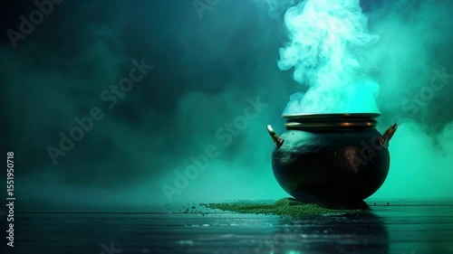 A cauldron full of swirling, mystical green smoke