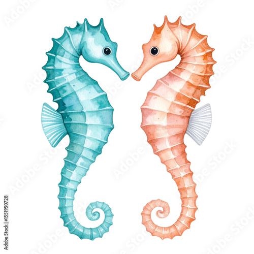  Elegant Watercolor Illustration of Teal and Brown Seahorses Facing Each Other, Soft Marine Aesthetic.