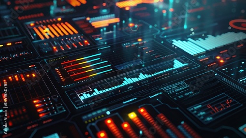Futuristic Digital Interface, Abstract Technology Dashboard with Vivid Neon Colors