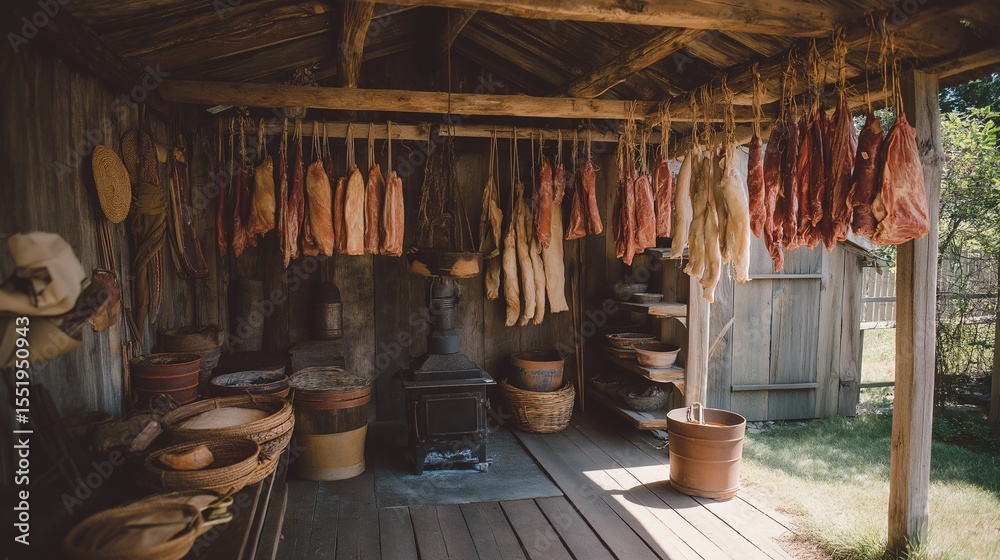 Obraz premium A rustic wooden shed with a display of cured meats hanging from the ceiling