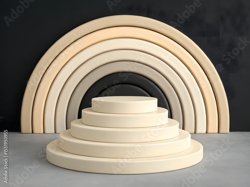 A cream-colored, multi-tiered podium or pedestal, centered in the image. Beige and black concentric circles forming a ripple like arch on a 3d platform