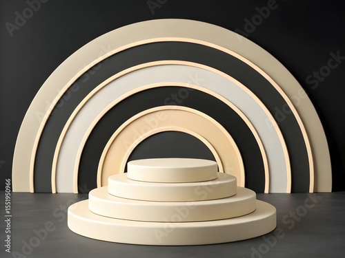 A cream-colored, multi-tiered podium or pedestal, centered in the image. Beige and black concentric circles forming a ripple like arch on a 3d platform