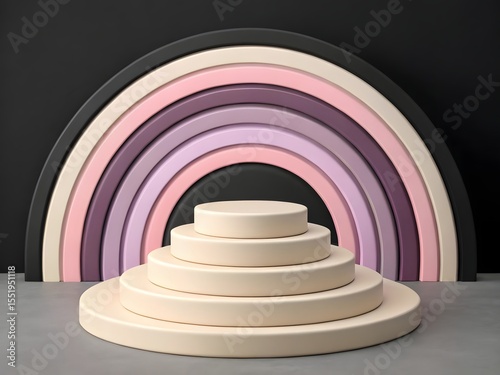 A cream-colored, multi-tiered podium or pedestal, centered in the image. Beige and black concentric circles forming a ripple like arch on a 3d platform