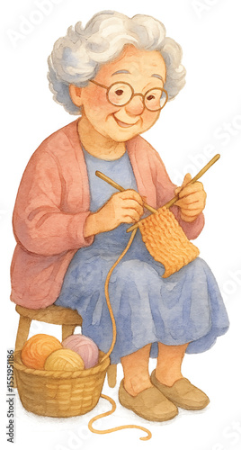 Active Elderly Woman Knitting Yarn – Watercolor Illustration