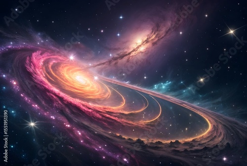 Abstract glowing circuit  mesh background. A deep space scene, featuring a swirling nebula or cosmic cloud.  Pink, purple, and light orange streaks and glowing filaments.