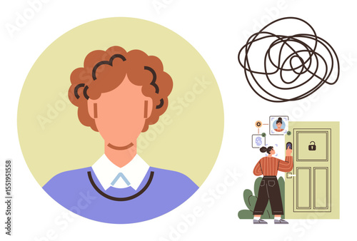 Portrait with user profile, tangled line symbolizing confusion, person using keypad for secure access. Ideal for security, identity, privacy, access control, data protection, technology