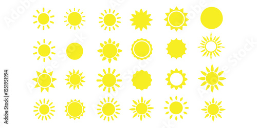  sun  icon set, sunshine and solar glow, sunrise or sunset. Decorative circle full and half sun and sunlight. Hot solar energy for tan. Vector sign