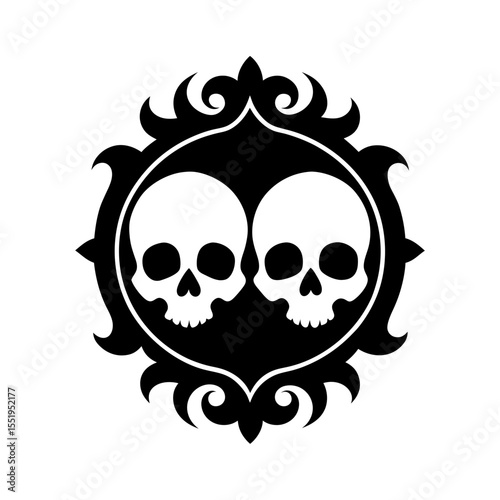 Twin gothic skulls merged in baroque frame design for dark fantasy illustration