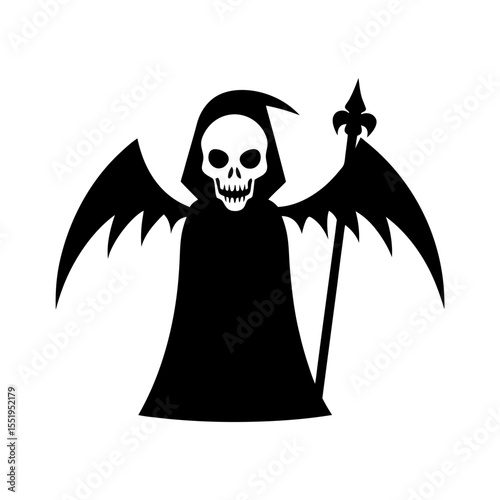 Grim reaper skull with gothic scythe and wings illustration for dark horror design