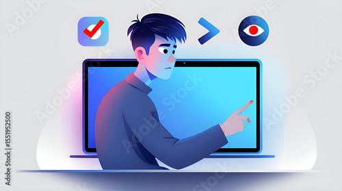 Thoughtful Person Interacting with Secure Interface on Clean Background
