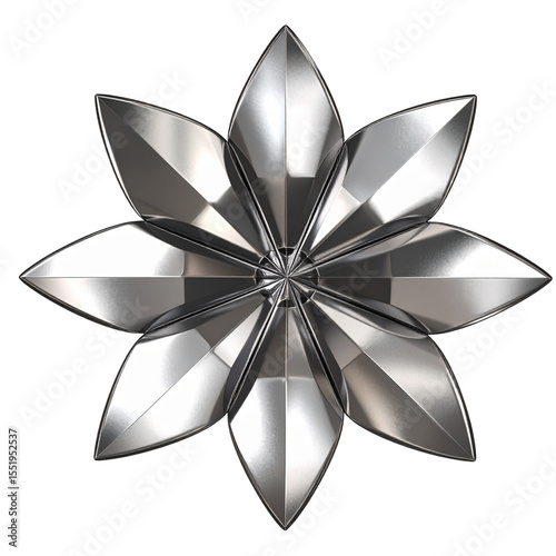 Futuristic Metallic Flower Sculpture with Smooth Chrome Finish, Stylized and Isolated on Transparent Background.