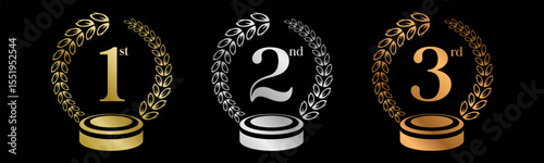 Podium Award Winner Set Vector Illustration. Figures 1, 2, 3 In A Realistic Gold Silver Bronze with Laurel Wreath . Competition Game Concept. Isolated on black	