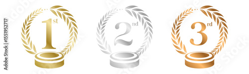 Podium Award Winner Set Vector Illustration. Figures 1, 2, 3 In A Realistic Gold Silver Bronze with Laurel Wreath . Competition Game Concept. Isolated on white