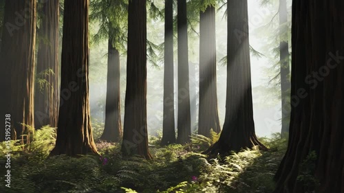 Misty sunlight shining through trees in a dense forest, peaceful and magical scene of nature awakening at dawn	