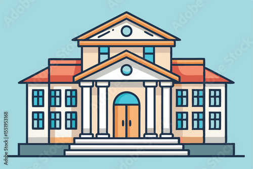 Elegant Institution: A stately edifice of enduring structure, characterized by majestic pillars, symmetrical windows, and a commanding presence that embodies the essence of tradition, learning.