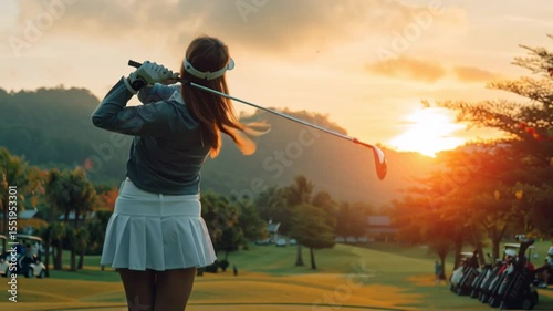 Golfer in Action During Sunset on Scenic Golf Course Generative AI
